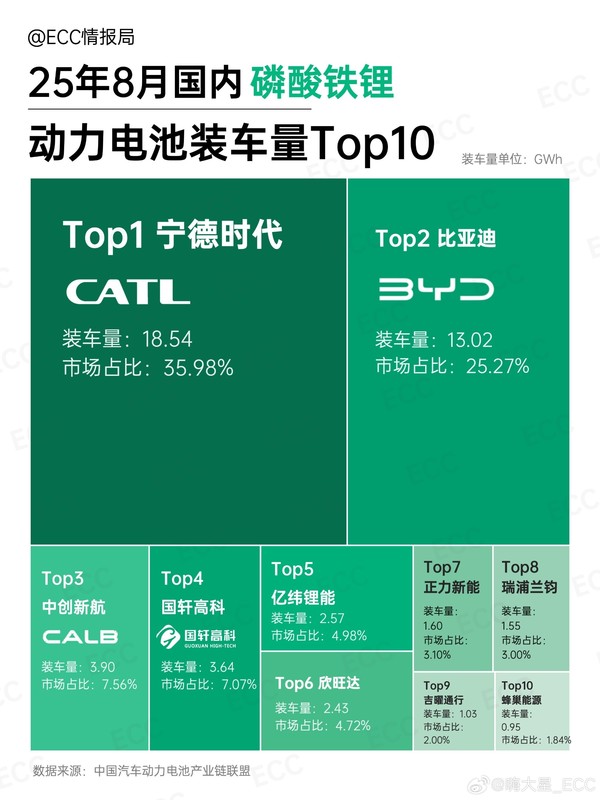 8月中国动力电池装车量排名：宁德独占七成三元锂市场